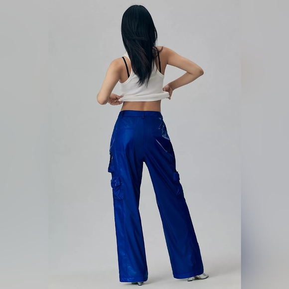 💖💖 NWT Anthro Women's Metallic Colbalt Blue Cargo Pants Size 14 - Picture 5 of 8